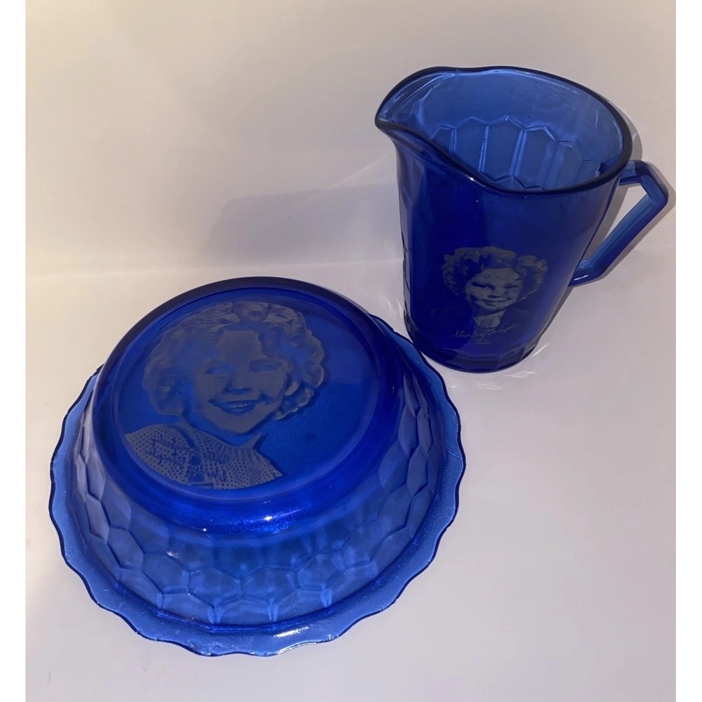 1930s Hazel Atlas Cobalt Blue SHIRLEY TEMPLE Cereal Bowl and Milk Pitcher